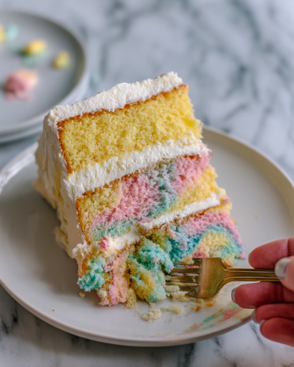 A slice of colorful layered cake sits on a white plate with pastel crumbs scattered around. The cake has three layers: the top layer is yellow with a smooth white frosting, the middle and bottom layers have a mix of pink, blue, and green sponge cake swirled together creating a soft tie-dye effect. A fork with a bite of cake, showing the vibrant middle layers and some white frosting, is held in a woman's hand near the slice. The background shows a white marbled surface with blurred pastel shapes. Photo taken with an iphone --ar 4:5 --v 7