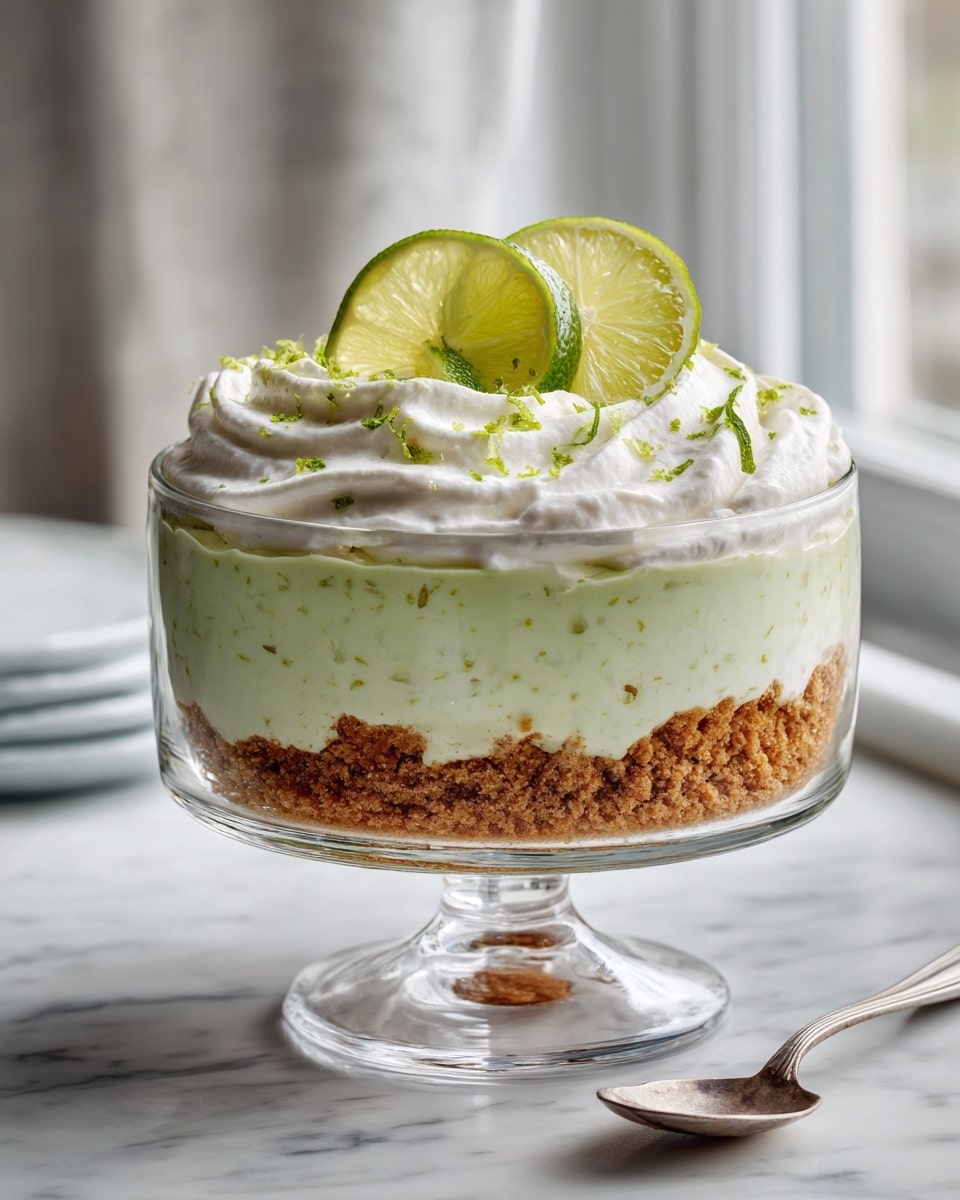 A clear glass bowl with a short stem holds a dessert with four visible layers. The bottom layer is a crumbly, light brown crust. Above that is a thick, pale green creamy lime layer flecked with tiny green bits. The next layer is another crumbly, light brown crust, slightly thicker than the bottom layer. The top layer is white whipped cream, decorated with bright green lime zest and two thin lime wedges placed in the center. The bowl sits on a white marbled countertop near a window with soft natural light, and a silver spoon is placed beside it. Photo taken with an iphone --ar 4:5 --v 7