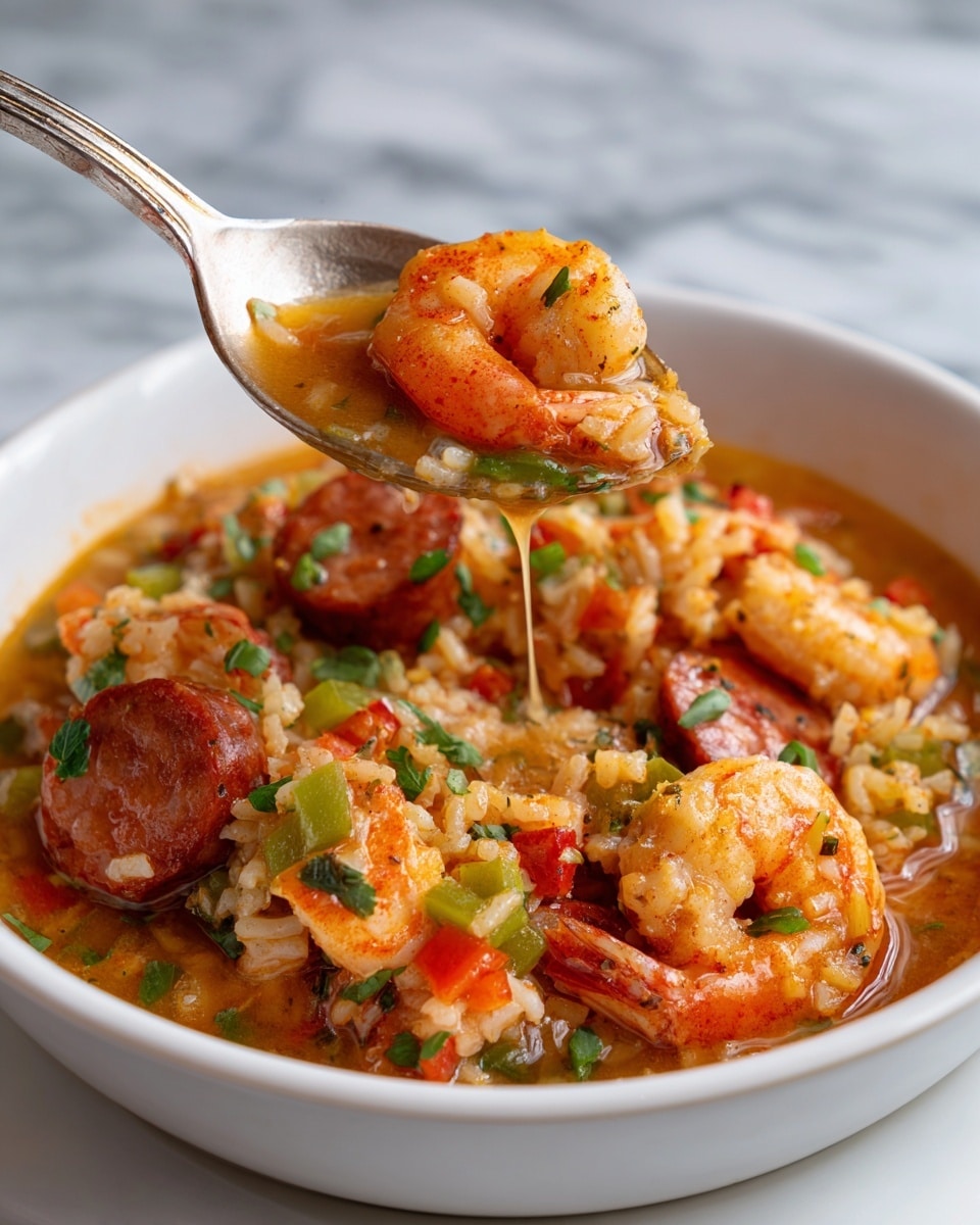 A close-up of a spoon lifting a mix of jambalaya from a white bowl filled with colorful layers of food: at the bottom and throughout, long white rice grains mixed with small pieces of red and green bell peppers, all coated lightly in a brownish sauce; thick slices of browned sausage with pinkish interiors are scattered along with plump, light orange shrimp with a slightly curled shape; the spoon shows all these ingredients together with a drop of sauce dripping back into the bowl. The bowl sits on a white marbled surface with a cloth partially visible in the background. Photo taken with an iphone --ar 4:5 --v 7