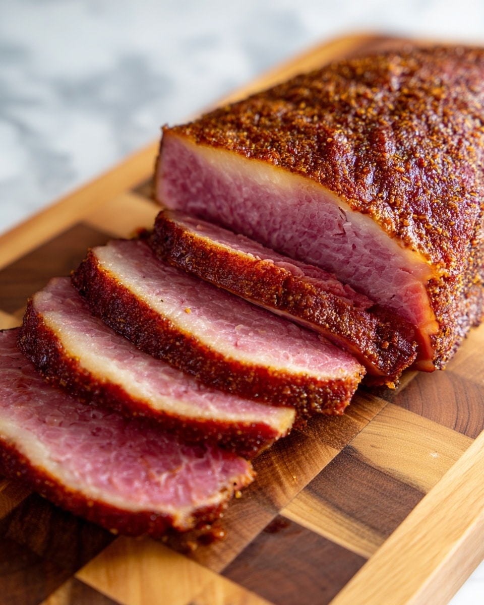 A thick piece of smoked beef brisket with a dark brown, textured crust on the outside and a pink, juicy inside is partially sliced into even pieces. The slices show a clear smoke ring of vibrant pink under the crust, each slice having a rough, fibrous texture and glistening with moisture. The meat lies on a wooden cutting board patterned with square inlays of lighter wood, with the edges of the whole brisket still intact at the back. photo taken with an iphone --ar 4:5 --v 7