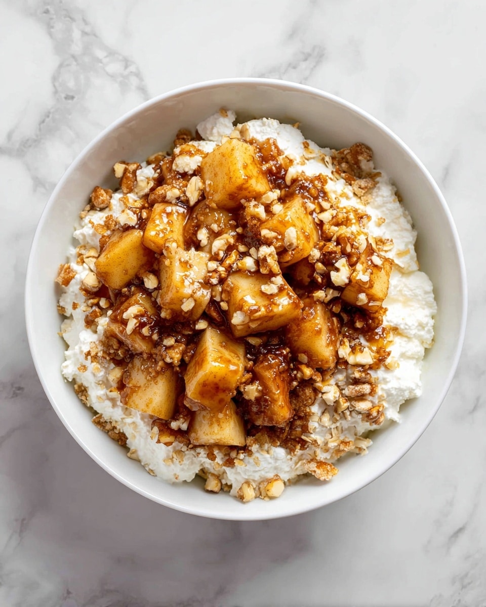 A white bowl filled with three visible layers: the bottom layer is soft white cottage cheese with a slightly lumpy texture, the middle layer is caramelized brown cinnamon-coated apple chunks that look shiny and warm, and the top layer is a scatter of light brown walnuts and oats adding a crunchy texture. The toppings are coated with a drizzle of honey syrup that glistens under the light, all sitting on a white marbled surface. photo taken with an iphone --ar 4:5 --v 7