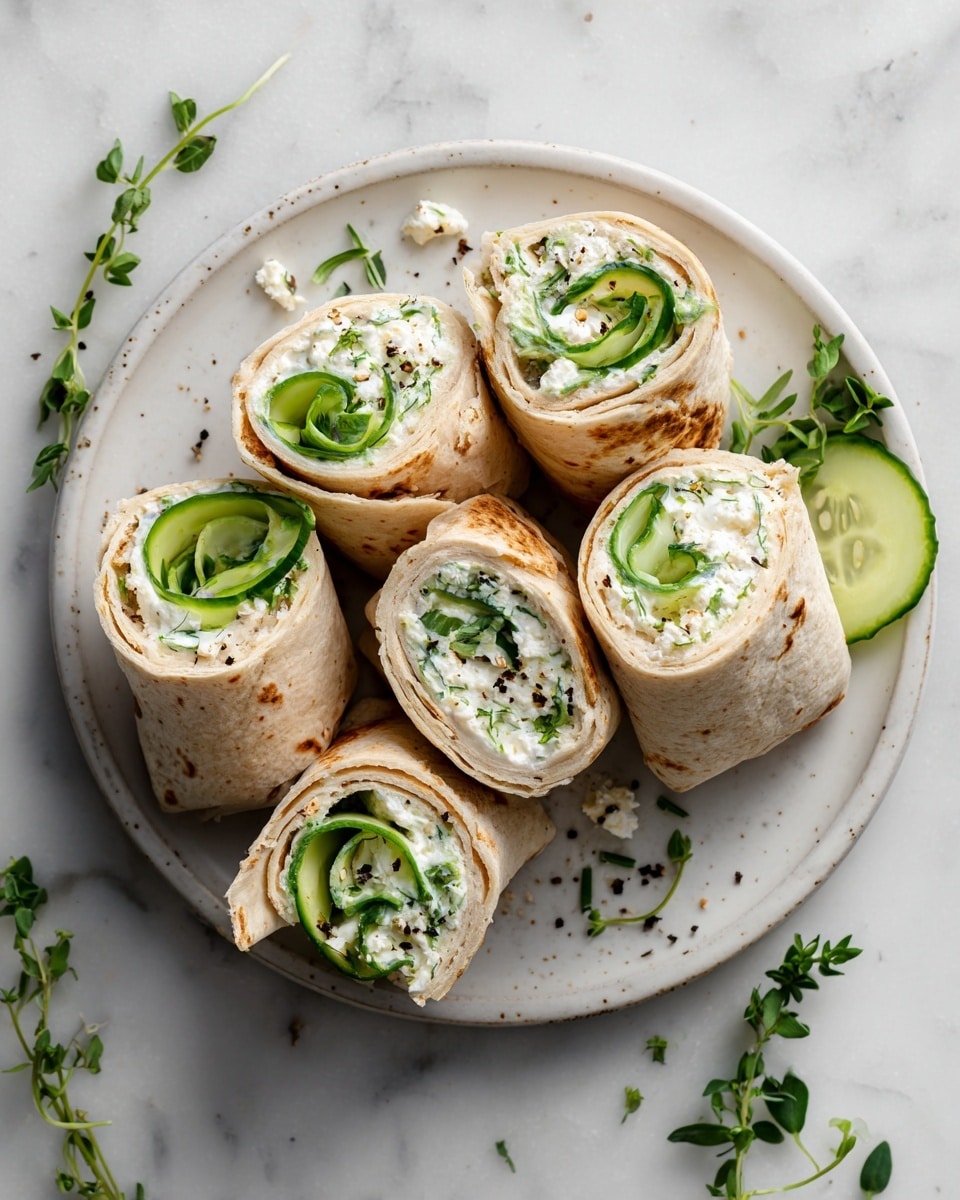 The image shows five wrap halves placed neatly on a white plate that sits on a white marbled surface. Each wrap consists of a light brown, toasted flatbread rolled tightly around two main layers: the inner layer has white cottage cheese with a soft, bumpy texture mixed with small green herbs, and the other layer has thinly sliced cucumber strips adding bright green color and fresh crunch. The wraps are sprinkled with a few cracked black pepper bits and tiny bits of green herbs scattered around. Some small green herb leaves and pieces scatter over the plate and surface, adding a fresh look. The photo was taken with an iphone --ar 4:5 --v 7