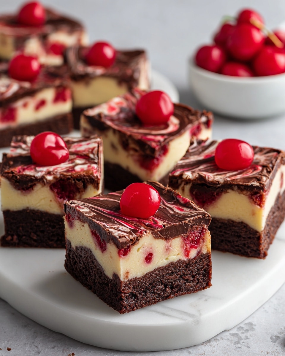 The image shows five square brownie pieces arranged on a white plate with a white marbled texture beneath. Each brownie has three layers: a thick, dark brown bottom layer with a dense, moist texture; a middle creamy white layer with swirls of red cherry sauce blending into it; and a top layer of shiny dark chocolate ganache with marbled red and white swirls. Each brownie is topped with a whole bright red cherry, centered on the top. In the background, a white bowl with more cherries is slightly out of focus. Photo taken with an iphone --ar 4:5 --v 7