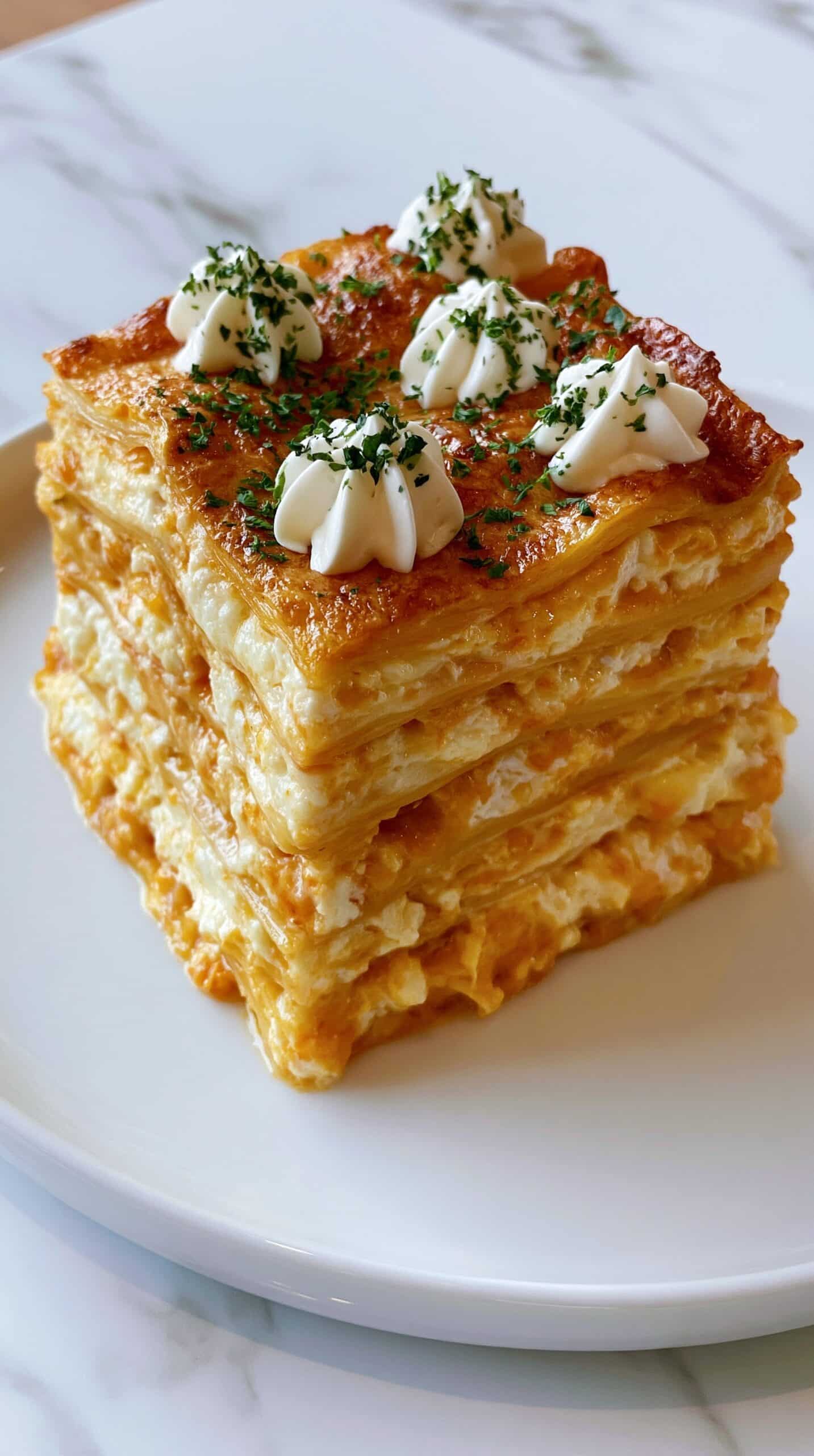 A close-up of a thick, square slice of layered dish with about six visible layers, each layer is creamy and orange-yellow with a soft, smooth texture. The top layer is golden and topped with dollops of white cream and sprinkled with fresh green herbs. The slice sits on a simple white plate against a white marbled surface background. The photo captures a warm, cozy feel with good light detail showing the soft layers clearly. Photo taken with an iphone --ar 4:5 --v 7
