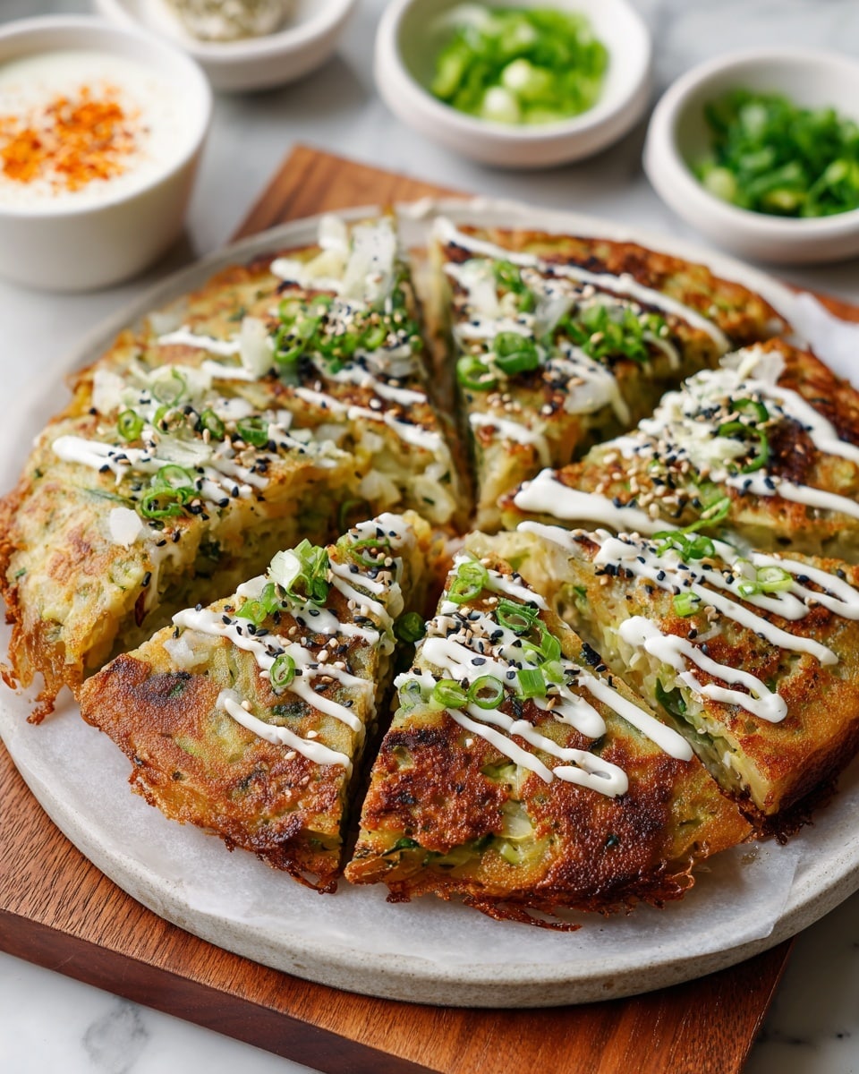 A round pancake sliced into eight pieces sits on a white plate with a slight grey rim, placed on a wooden board over a white marbled surface. The pancake has a golden-brown crispy top with visible green vegetable bits like scallions and cabbage inside. It is topped with creamy white sauce drizzled in thin lines and sprinkled with white and black sesame seeds and chopped green onions. In the background, there are small white bowls containing green chopped vegetables and a creamy white dipping sauce with orange garnish. Photo taken with an iphone --ar 4:5 --v 7