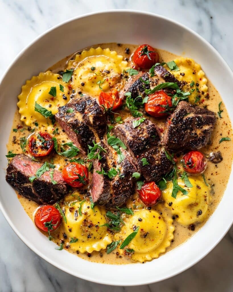 Steak and Ravioli with Creamy Garlic Herb Sauce Recipe