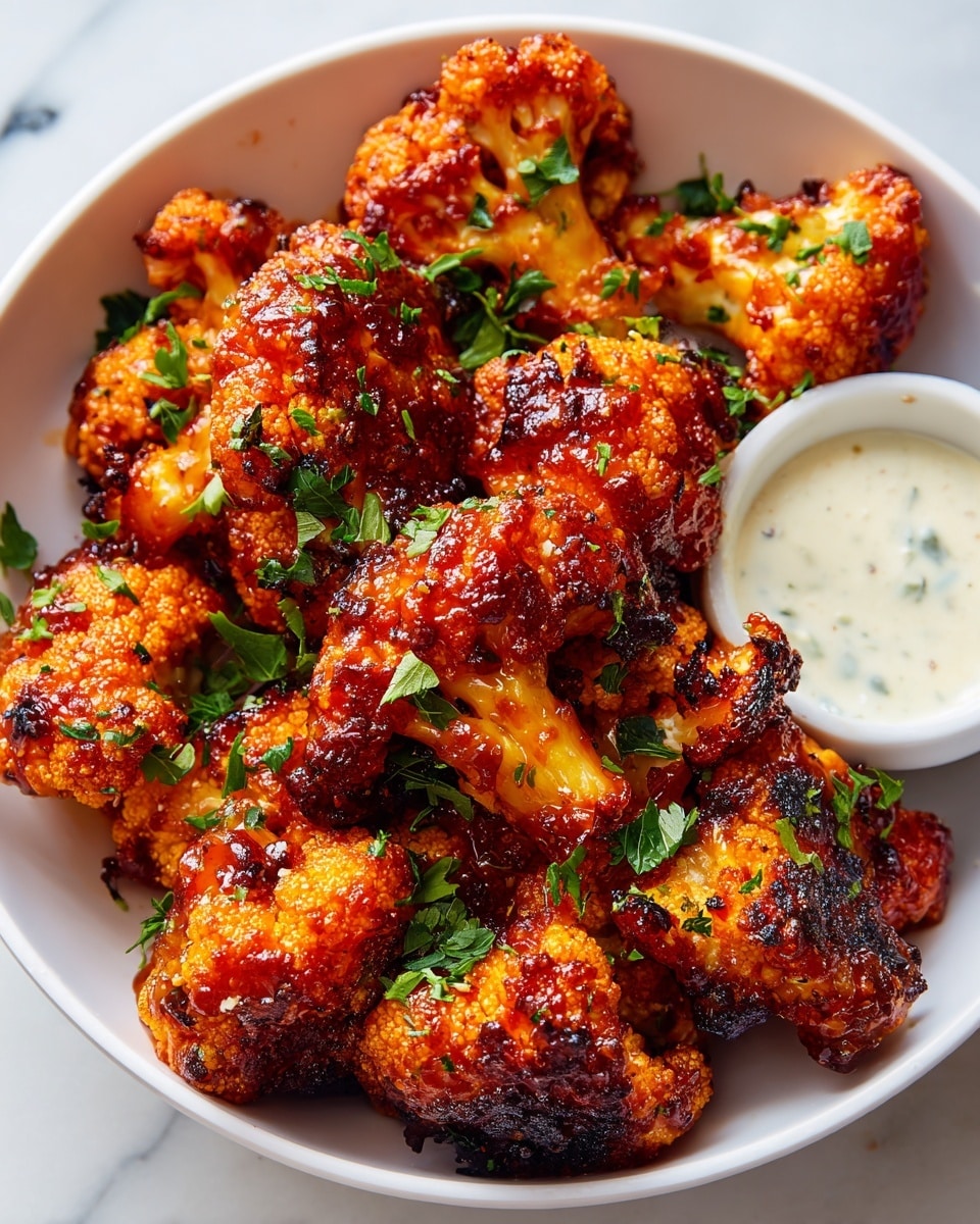 A close-up of a bowl filled with several pieces of golden-brown, crispy cauliflower wings topped with a shiny, sticky red-orange sauce and garnished with small green parsley leaves scattered on top. The bowl is white, and a small white bowl of creamy dressing is placed in the upper right corner inside the larger bowl. The texture of the cauliflower is crunchy with charred edges. The image background is a white marbled texture. Photo taken with an iphone --ar 4:5 --v 7