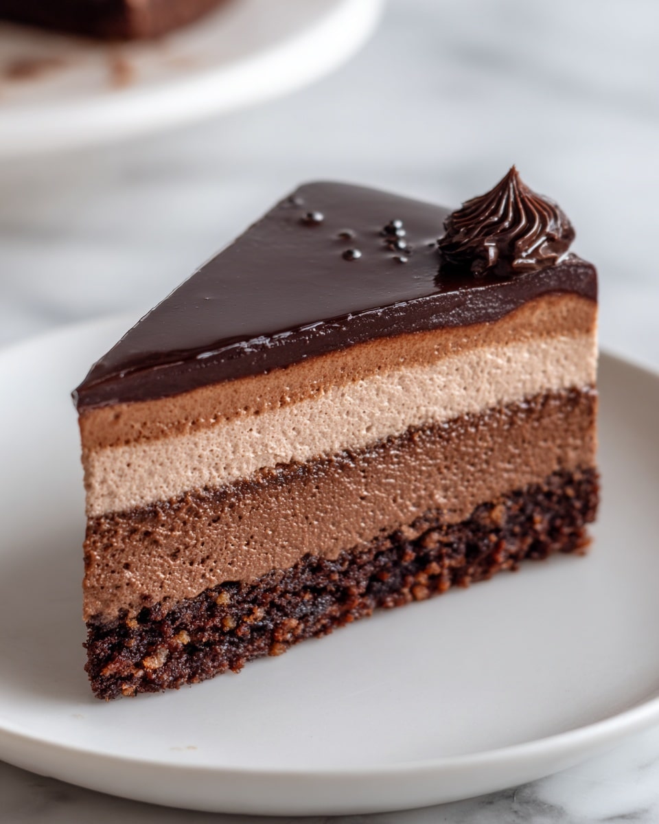 The image shows a slice of chocolate cake on a white plate, sitting on a white marbled surface. The cake has three layers: a dense, dark brown bottom layer with a slightly crumbly texture, a middle layer of smooth milk chocolate mousse with a lighter brown color, and a thin, glossy dark chocolate ganache layer on top. There is a small dollop of dark chocolate cream on one corner of the top layer. The cake slice looks moist and rich. Photo taken with an iphone --ar 4:5 --v 7