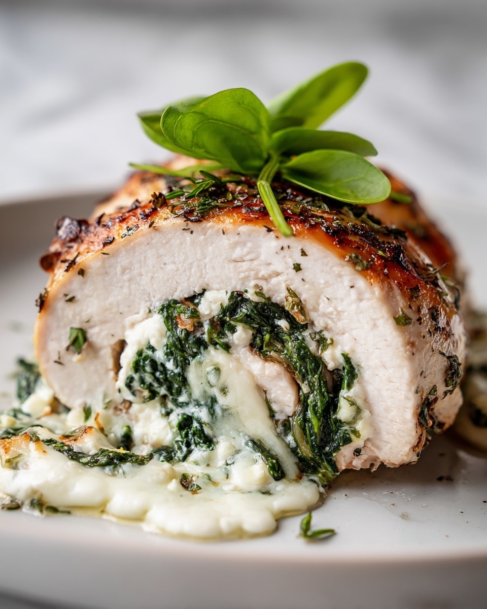 The image shows a close-up of a rolled chicken breast stuffed with a creamy spinach and cheese mixture. The chicken has a golden brown, herb-covered outer layer, giving it a textured and crispy look. Inside, there are two main layers: a thick white chicken meat layer forming the outer roll and a vibrant dark green spinach filling mixed with chunks of melted white cheese in the center. On top of the chicken, there is a fresh green herb leaf adding a touch of color. The dish is served on a white plate set on a white marbled surface. photo taken with an iphone --ar 4:5 --v 7