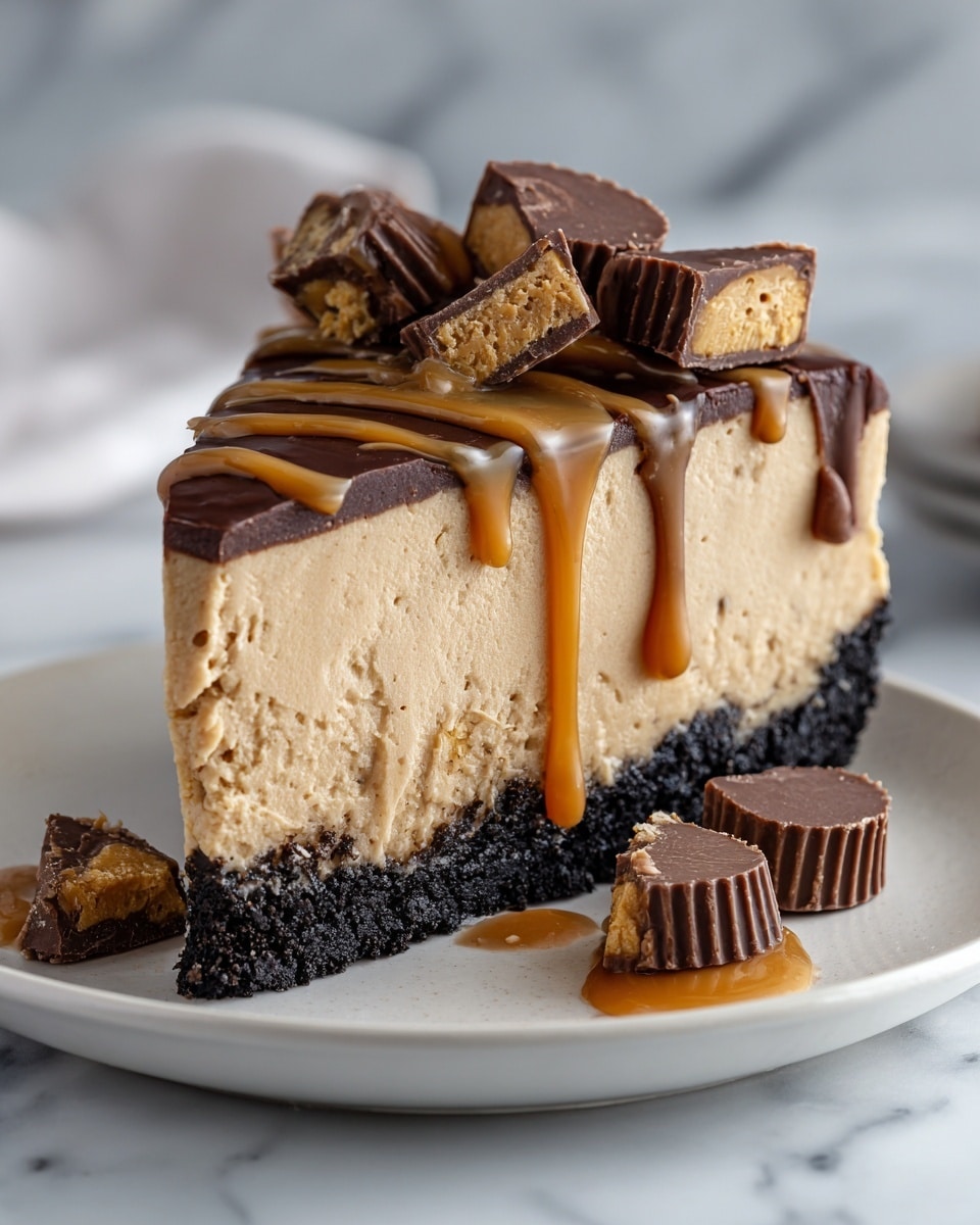 A slice of a three-layer dessert sits on a white plate with a white marbled surface underneath. The bottom layer is a dark, crumbly chocolate crust. The middle layer is thick, smooth, and light brown, resembling a peanut butter mousse. The top layer is the same mousse with a drizzle of light caramel-colored sauce. Small, halved pieces of chocolate peanut butter cups are scattered on top and around the slice, adding texture and color contrast with their dark brown and tan interiors. Photo taken with an iphone --ar 4:5 --v 7
