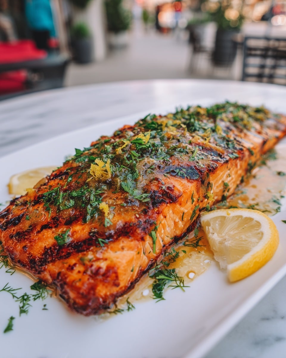 A thick, grilled salmon fillet sits on a large white plate, showing clear charred grill marks on the top, giving it a crispy texture. The salmon's flesh is a warm pinkish-orange, glazed with a shiny honey mustard sauce that adds a golden hue. Fresh green herbs, mainly parsley and dill, are sprinkled generously over the top and around the plate, along with tiny pieces of bright yellow lemon zest. Two lemon wedges, pale yellow with a soft texture, rest neatly on the side of the plate. The plate is placed on a white marbled surface with a slightly blurred background of an outdoor setting. Photo taken with an iphone --ar 4:5 --v 7