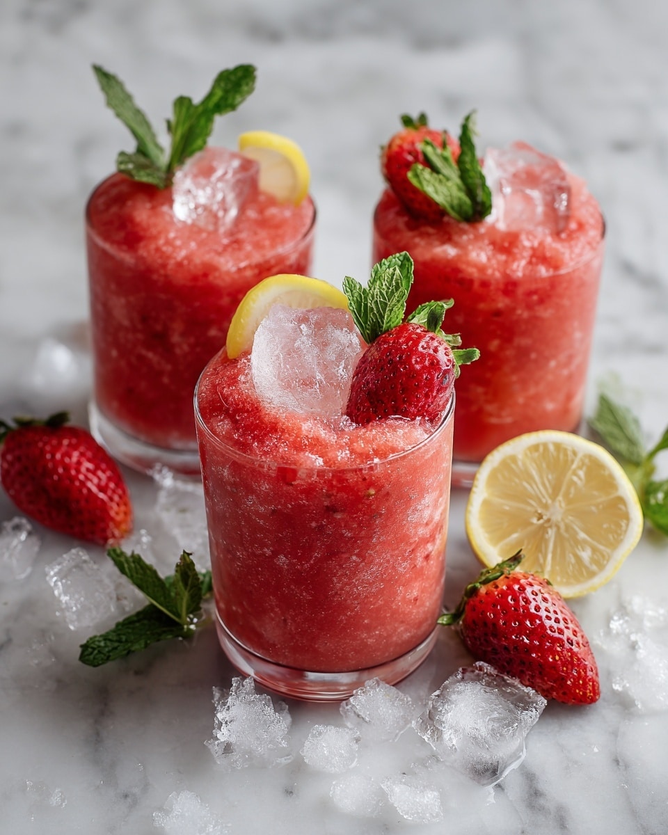 Three clear glasses are filled with a pink slushy drink that has a smooth and icy texture. Each glass has a garnish on top, consisting of a bright green mint leaf, a thin yellow lemon slice, and a red strawberry slice, placed on the edge. The glasses are arranged on a white marbled surface, and there are whole strawberries, lemon halves, and small ice chunks scattered around them. The lighting highlights the frosty and refreshing look of the drinks. photo taken with an iphone --ar 4:5 --v 7