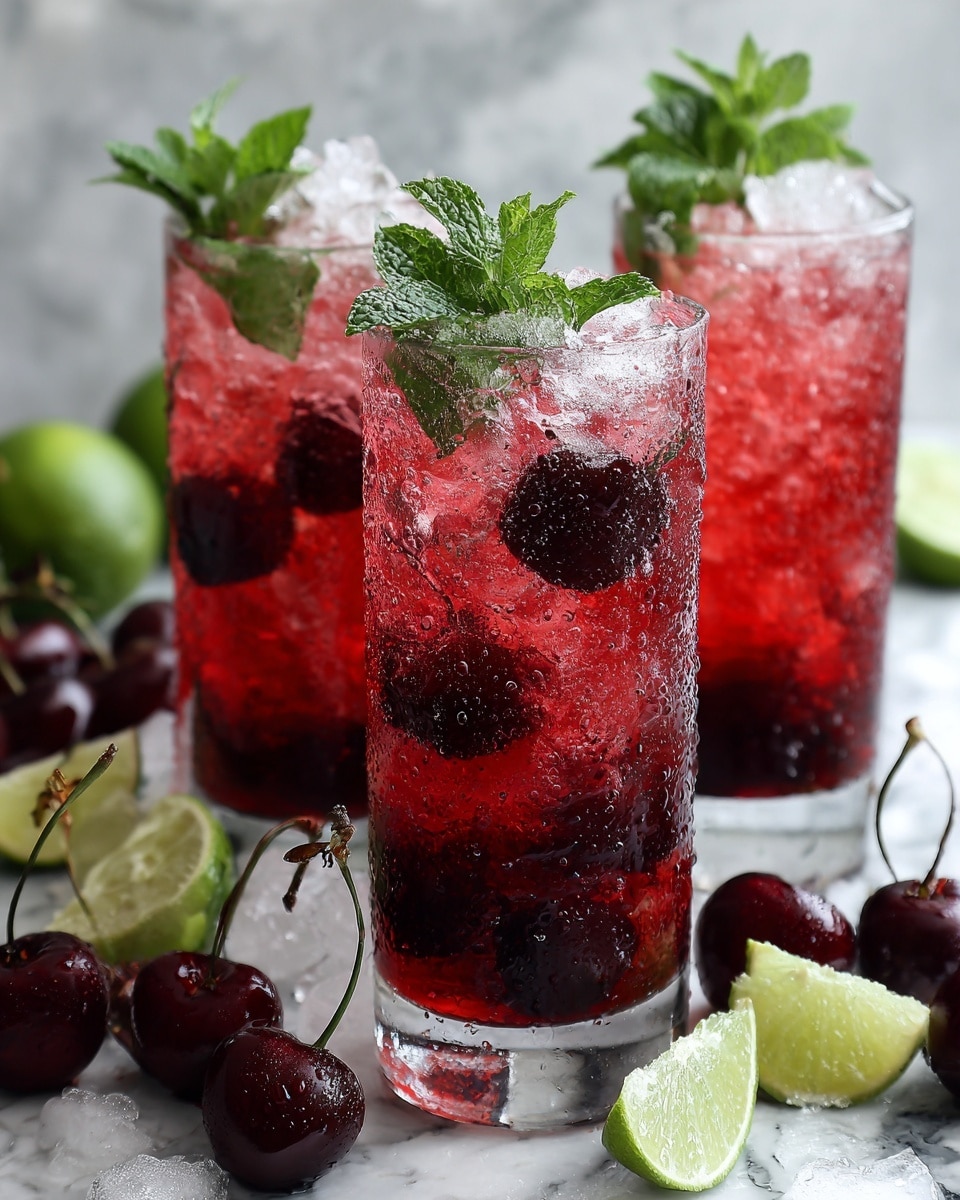 Three tall clear glasses filled with bright red cherry drink layered with chunks of ice and whole cherries inside. Each glass has a green lime slice and fresh green mint leaves on the top, along with a cherry resting on the rim. The drink looks cold and refreshing with tiny droplets of condensation on the glasses. Around the glasses on a white marbled surface, there are a few fresh cherries and lime wedges, enhancing the vivid colors of the drink. photo taken with an iphone --ar 4:5 --v 7
