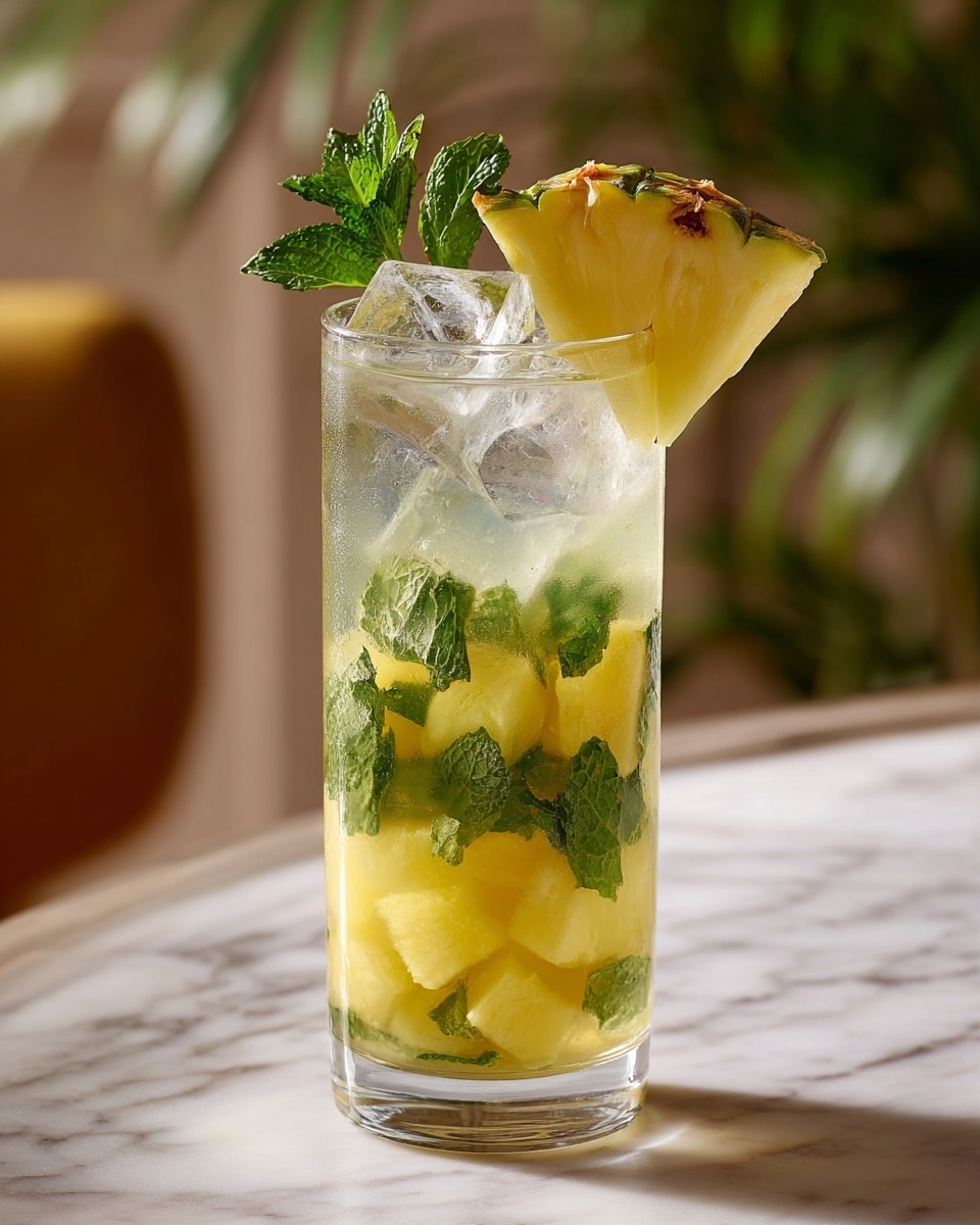 A clear tall glass filled with a cold drink that has several layers: at the bottom, bright yellow pineapple chunks, above them a layer of fresh green mint leaves, then more pineapple chunks mixed with ice cubes near the top, making the drink look refreshing and cool. On the rim of the glass, there is a large yellow pineapple wedge with green mint leaves for decoration. The glass sits on a white marbled surface with soft light in the background, creating a calm and fresh atmosphere. photo taken with an iphone --ar 4:5 --v 7