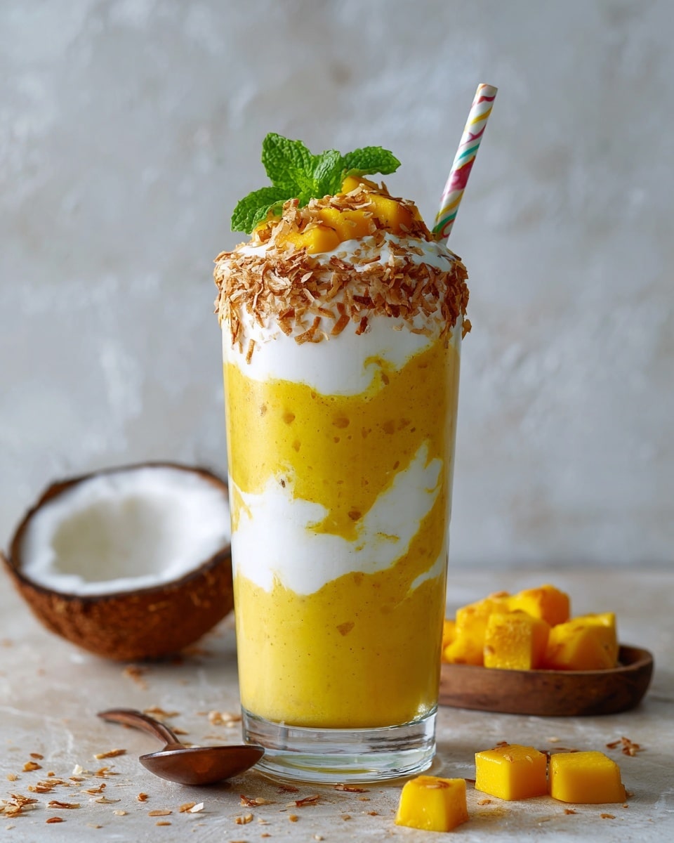 A tall clear glass filled with a layered yellow mango smoothie swirled with white cream, with visible chunks of mango inside. The rim of the glass is coated with toasted coconut flakes and almond slices. On top, there are green mint leaves and a small cube of mango as garnish. A colorful striped straw is placed in the drink. The glass is set on a wooden table with a white marbled texture background, alongside a spoon holding three mango cubes and a half coconut shell nearby. photo taken with an iphone --ar 4:5 --v 7