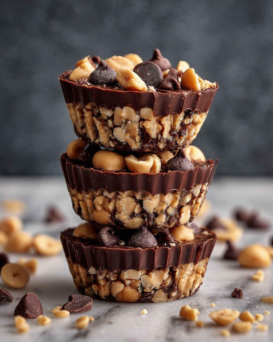 Three thick chocolate cups stacked vertically, each covered with evenly spread yellow peanut pieces and small light brown nuts embedded in the glossy dark brown chocolate base. The cups have a slightly rough texture from the nuts and look chunky and dense. Around the base and background, there are scattered chocolate chips and small nut pieces on a white marbled surface, creating a cozy and rustic feel. The photo taken with an iphone --ar 4:5 --v 7