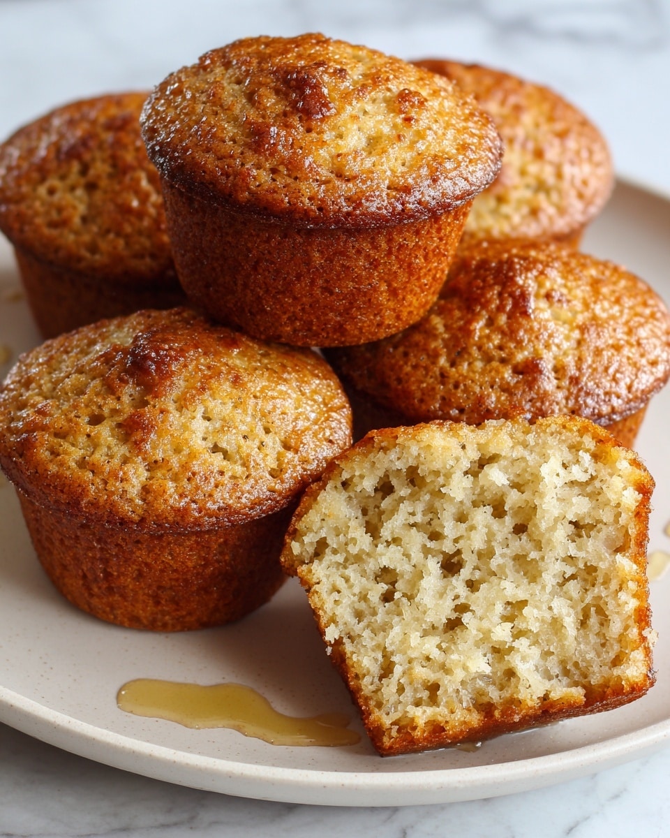 The image shows five golden brown mini muffins on a white plate with light speckles. Four whole muffins sit close together, their tops textured and slightly cracked with a crisp, browned finish, while one muffin is cut in half in the front, revealing a soft, crumbly, pale yellow inside. A few drops of honey or syrup shine near the muffins on the plate. The white marbled surface underneath adds a clean and bright background, with another white dish and a spoon partially blurred in the back. Photo taken with an iphone --ar 4:5 --v 7