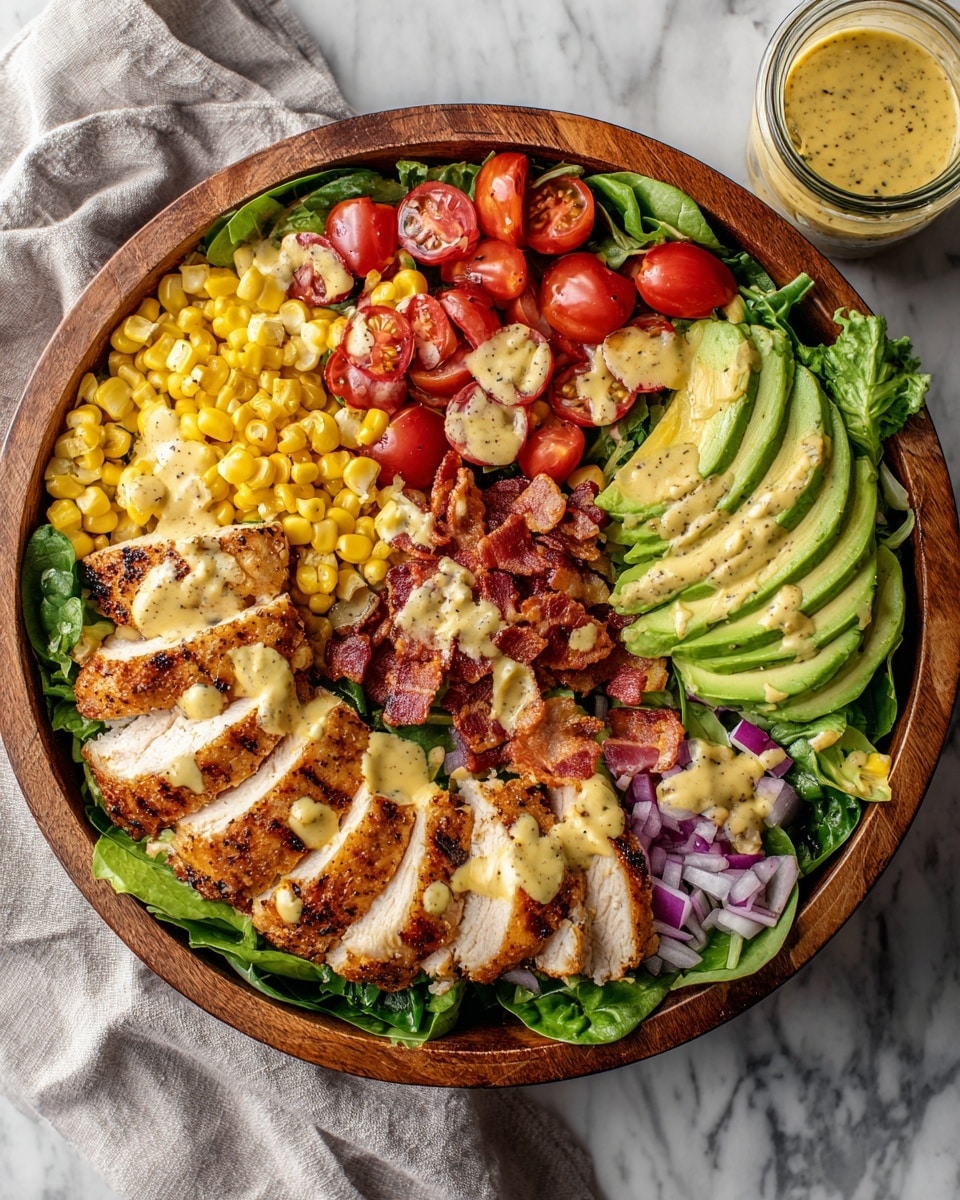 A wooden bowl is filled with a colorful salad that has four main layers arranged in sections. On one side, there are slices of grilled chicken breast with a golden, slightly charred surface topped with a mustard-like dressing. Next to it are bright green spinach leaves mixed with halved red grape tomatoes. There are also thick slices of creamy green avocado drizzled with the same dressing and a small pile of yellow corn kernels. Red diced onions and bacon bits are scattered throughout, all set against a bed of green leafy lettuce. A clear jar of mustard dressing is visible in the background, and the bowl sits on a white marbled surface. photo taken with an iphone --ar 4:5 --v 7