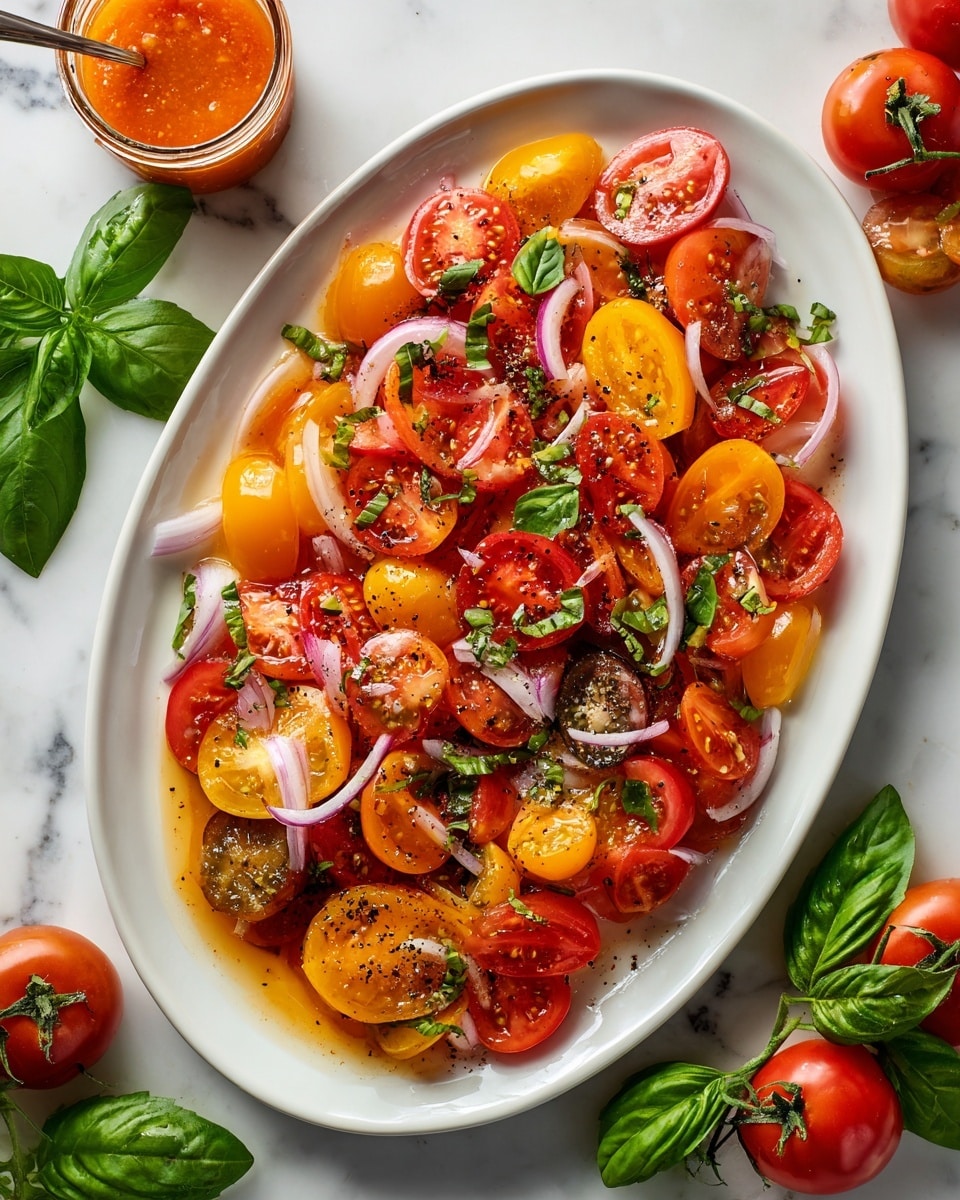 A white oval plate filled with a colorful mix of halved cherry tomatoes in red, yellow, and orange shades is shown, layered with thin, translucent slices of white onion scattered throughout. Small green basil leaves cut into thin strips are sprinkled on top, adding a fresh texture. The tomatoes appear juicy and glossy, with a few specks of black pepper visible, giving the salad a vibrant and fresh look. The plate is set on a white marbled surface, surrounded by whole cherry tomatoes on the vine, loose yellow cherry tomatoes, fresh green basil leaves, and a jar of red dressing placed nearby. photo taken with an iphone --ar 4:5 --v 7