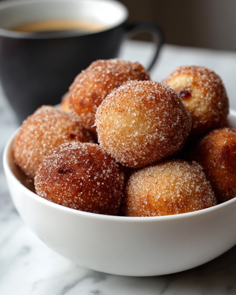 A white bowl full of small round doughnuts covered with a thick layer of sugar. The doughnuts have a golden brown color showing through the sugar coating, giving a crispy and sugary look. The doughnuts are stacked and piled high in the bowl, with some visible light texture from the fried surface. The background shows a white marbled texture with a blurred black cup near the bowl. Photo taken with an iphone --ar 4:5 --v 7