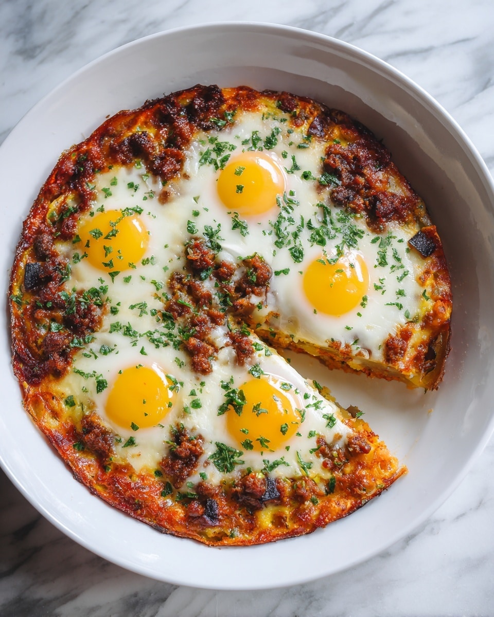 A white bowl holds a baked dish made of several layers: the bottom layer is a mix of chopped vegetables and sauce in orange and red tones, topped with five cooked sunny-side-up eggs evenly spaced across the surface. The eggs have bright yellow yolks and white edges. The dish is sprinkled with finely chopped green herbs and has a slightly crispy, browned cheese crust around the edges. The background shows a blurred white marbled texture. photo taken with an iphone --ar 4:5 --v 7