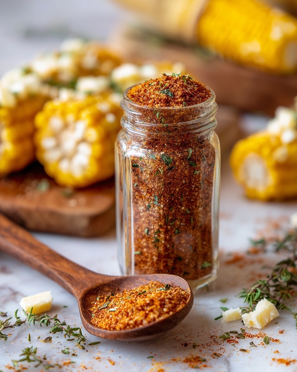 A clear glass jar filled with a reddish-brown spice mix with small bits of green herbs is centered on a brown wooden surface. To the right, a wooden spoon holds the same spice mix, with some spilling onto the surface. In the background, two ears of corn with bright yellow and white kernels are topped with dollops of white sauce and sprinkled with green herbs and reddish spices. The scene has a white marbled texture background. photo taken with an iphone --ar 4:5 --v 7
