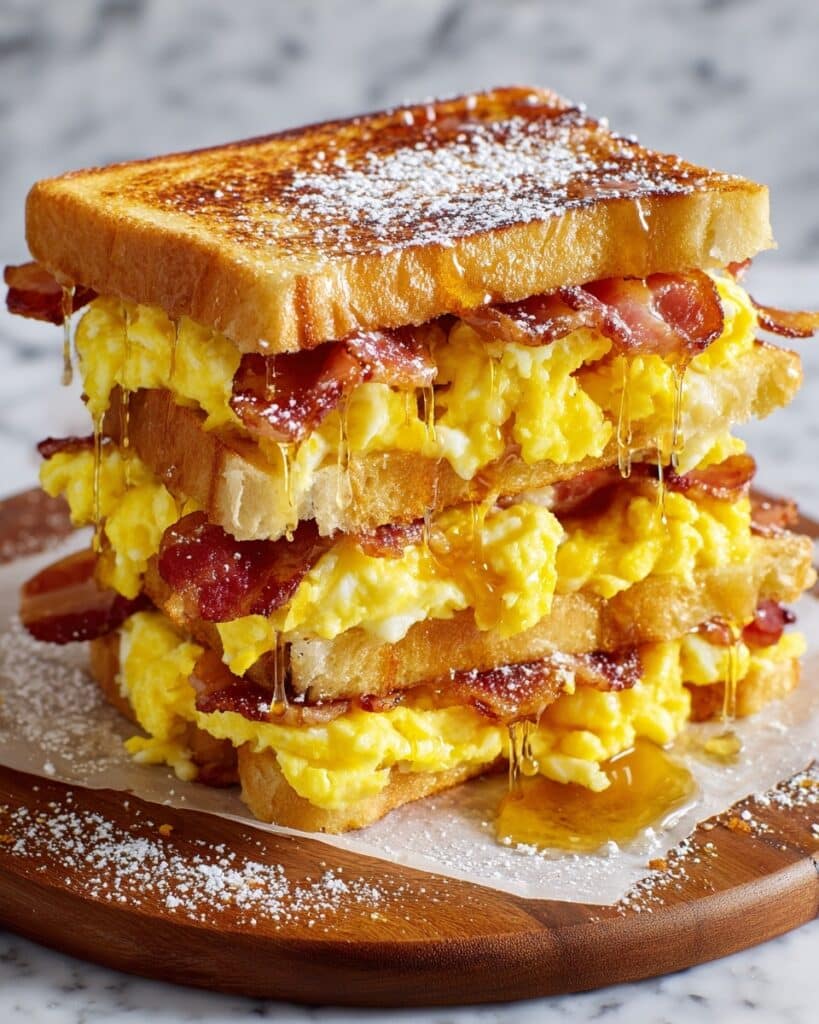 French Toast Breakfast Sandwich with Bacon, Cheddar, and Maple Syrup Recipe