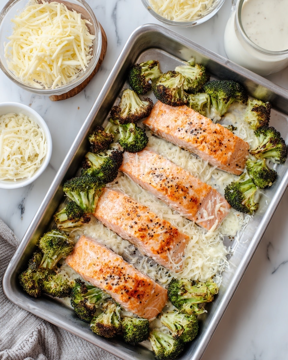 Four cooked salmon fillets, light pink with golden brown grilled marks, rest on a single layer of bright green roasted broccoli florets, some with charred edges, all on a baking tray lined with parchment paper. Shredded melted cheese is scattered unevenly over both the salmon and broccoli, adding creamy white patches. The tray is set on a white marbled surface, with a white bowl of white sauce in the top left and a small white bowl filled with shredded cheese in the bottom right corner. photo taken with an iphone --ar 4:5 --v 7