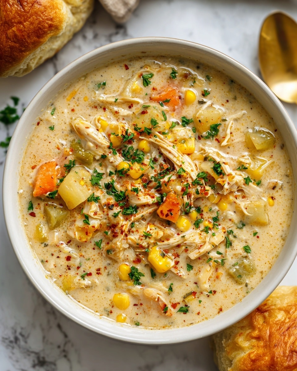 A white bowl is filled with creamy chicken corn chowder that has multiple visible layers: chunks of yellow corn kernels, soft white potato pieces, small orange carrot bits, and green celery pieces all mixed in a thick off-white creamy soup base. Tender white shredded chicken pieces are spread throughout the bowl, adding texture. The surface shows a light dusting of red paprika and sprinkled fresh green herbs. The bowl sits on a white marbled surface with a piece of bread visible in the background. photo taken with an iphone --ar 4:5 --v 7