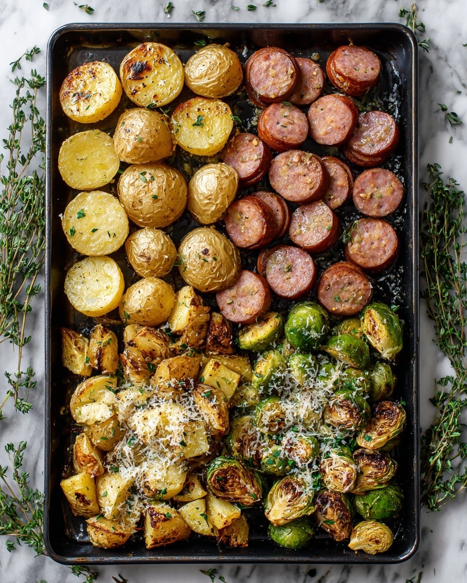 A metal tray filled with roasted food divided into four rough sections: at the top left are small yellow potatoes, halved, with a soft texture and sprinkled with coarse salt and herbs; at the top right are thick slices of browned sausage with a slightly crispy skin and juicy pink interior; the bottom left and bottom right sections contain roasted Brussels sprouts, some halved showing a golden-brown, slightly crispy texture on the cut sides, mixed with whole smaller Brussels sprouts, bright green with charred edges; there is a light sprinkling of grated white cheese and herbs over everything, all placed on a white marbled surface with some fresh herb sprigs nearby; photo taken with an iphone --ar 4:5 --v 7