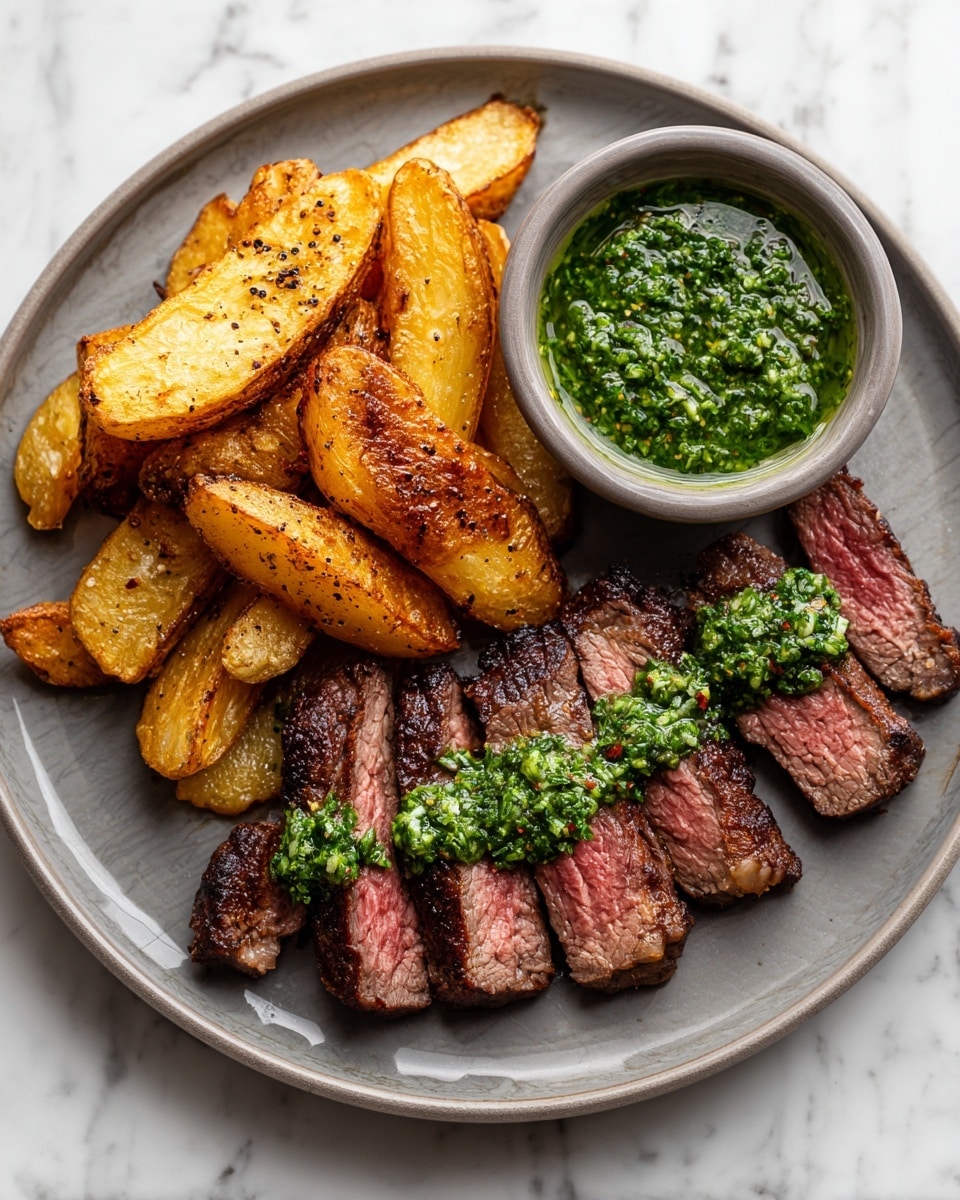 A white plate on a white marbled surface holds a meal with three parts: on the right side, several slices of medium-rare steak with a pink center and a brown grilled outer edge, topped with a bright green, chunky herb sauce. On the left, golden-brown potato wedges with a crispy, speckled outer skin and soft inside. At the top right of the plate, a small white bowl filled with the same green herb sauce, which looks fresh and slightly oily. The photo taken with an iphone --ar 4:5 --v 7