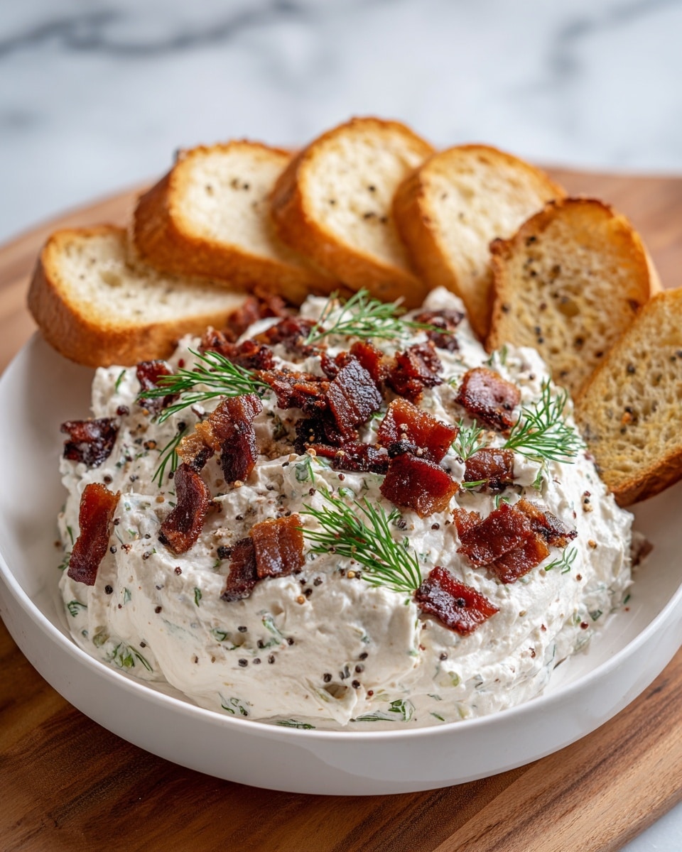 A white plate filled with creamy white dip speckled with small green herbs and black pepper, topped with crispy dark brown and red bacon pieces and fresh green dill scattered on top; arranged on one side of the plate are several slices of toasted light golden bread leaning against the dip, the white plate is placed on a white marbled texture photo taken with an iphone --ar 4:5 --v 7