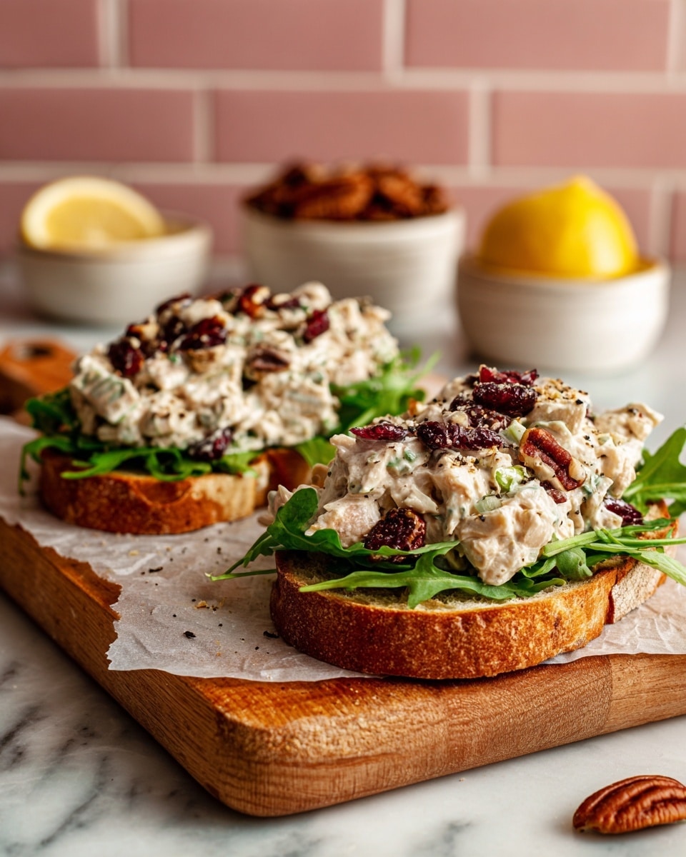 Two open-faced sandwiches sit on crumpled white parchment paper on a wooden board with a round handle. Each sandwich has a base layer of toasted light brown bread topped with fresh dark green arugula leaves. On top is a thick layer of creamy chicken salad mixed with small chopped pieces of bright green celery, dark red dried cranberries, and light brown pecans, all lightly sprinkled with black pepper. In the top left corner, there is a white bowl with thick lemon wedges, and above the board is another white bowl filled with pecans. The background is a white marbled surface with a bit of pink tile visible, and there is a silver measuring spoon with salt to the bottom right. photo taken with an iphone --ar 4:5 --v 7