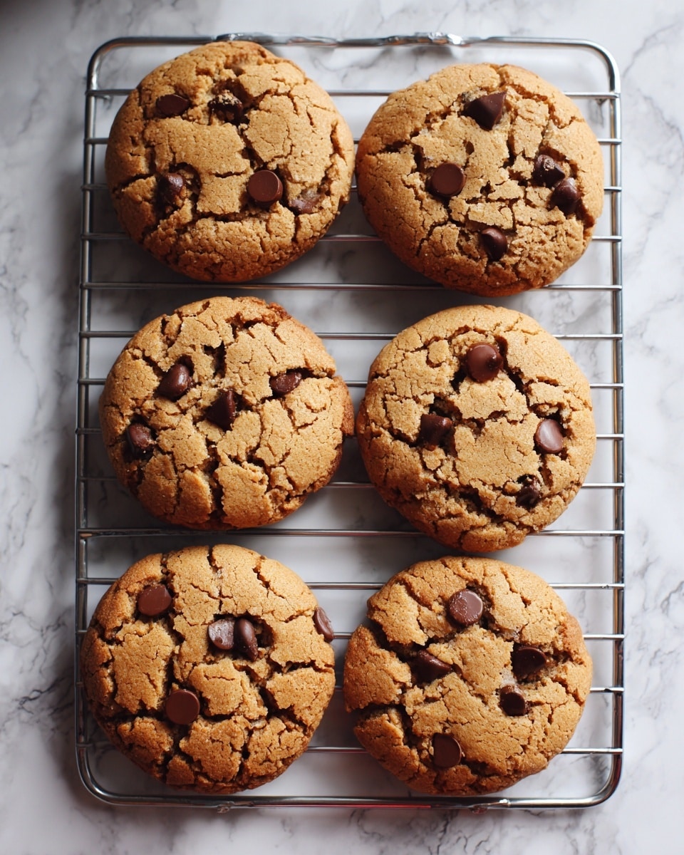 A close-up view of six round yellow cookies with visible chocolate chips scattered on top, resting on a silver cooling rack placed over a white marbled surface. The cookies have a soft, slightly cracked texture with a warm golden color, and the chocolate chips add dark brown spots scattered unevenly on each cookie. The arrangement shows some cookies overlapping slightly in the frame with soft natural lighting highlighting their crisp edges and chewy centers. photo taken with an iphone --ar 4:5 --v 7