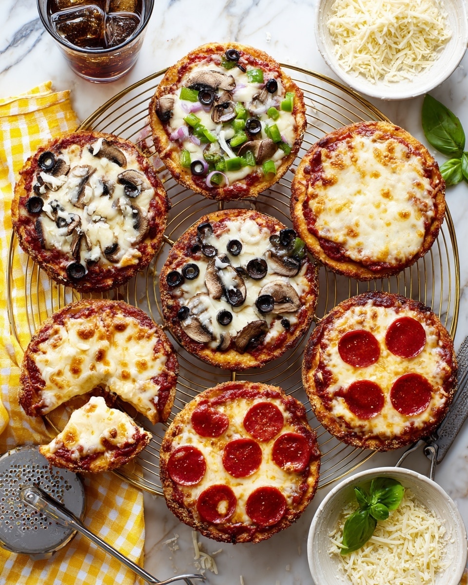 A group of seven small pizzas is shown on a gold wire rack over a white marbled surface. Each pizza has a thick, golden crust with a layer of red tomato sauce underneath melted golden cheese. Toppings vary: one pizza has black olive slices, green bell pepper chunks, diced red onion, and mushroom slices; another is covered with small round pepperoni slices on the cheese; a different pizza is topped with green bell pepper pieces, diced red onion, and large mushroom slices. Two pizzas have one slice taken out, resting nearby. Surrounding the pizzas are small beige dishes with green basil leaves and grated cheese, a cold drink with ice, and seasoning jars. photo taken with an iphone --ar 4:5 --v 7