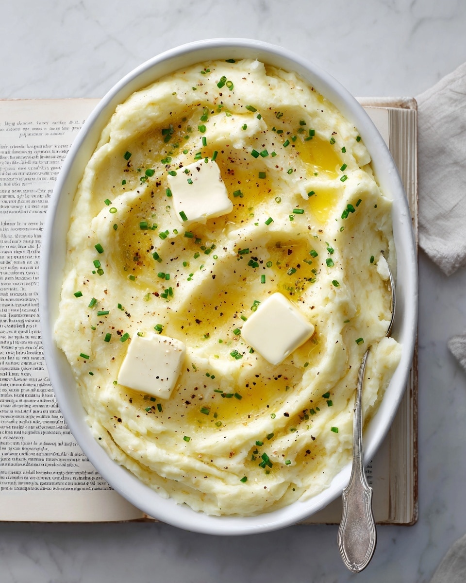 A close-up of creamy mashed potatoes in a white, round dish with a wavy edge and two handles, showing two smooth swirled layers of pale yellow potato texture. On top, there are three square pats of melting butter, glossy and pale yellow, surrounded by pools of melted butter. The mashed potatoes are sprinkled with freshly ground black pepper and finely chopped green chives, adding small green and black specks across the surface. A silver spoon rests on the right side inside the dish, set on a white marbled surface with a partially visible open book and a small white bowl of coarse salt in the background. photo taken with an iphone --ar 4:5 --v 7