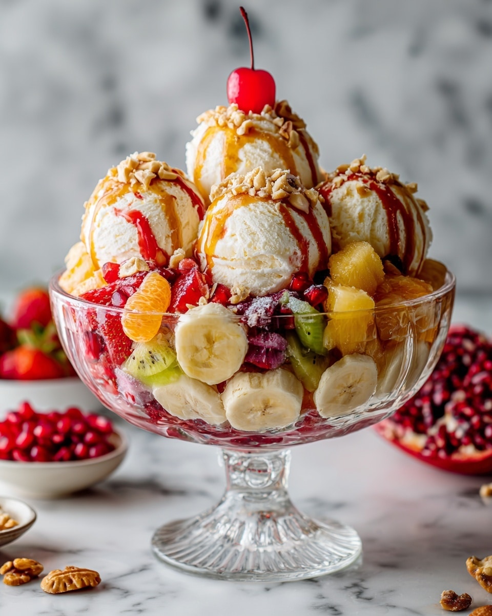 A clear glass bowl filled with a colorful fruit salad topped with five scoops of creamy white vanilla ice cream. The fruit salad contains sliced bananas, red strawberries, green kiwi, juicy orange segments, dark purple grapes, small red pomegranate seeds, and chunks of pale yellow pineapple. The ice cream scoops are drizzled with red and caramel sauce and sprinkled with chopped almonds. The bowl sits on a table with a white marbled texture surface, with blurred bowls of red strawberries and pomegranate seeds in the background. photo taken with an iphone --ar 4:5 --v 7