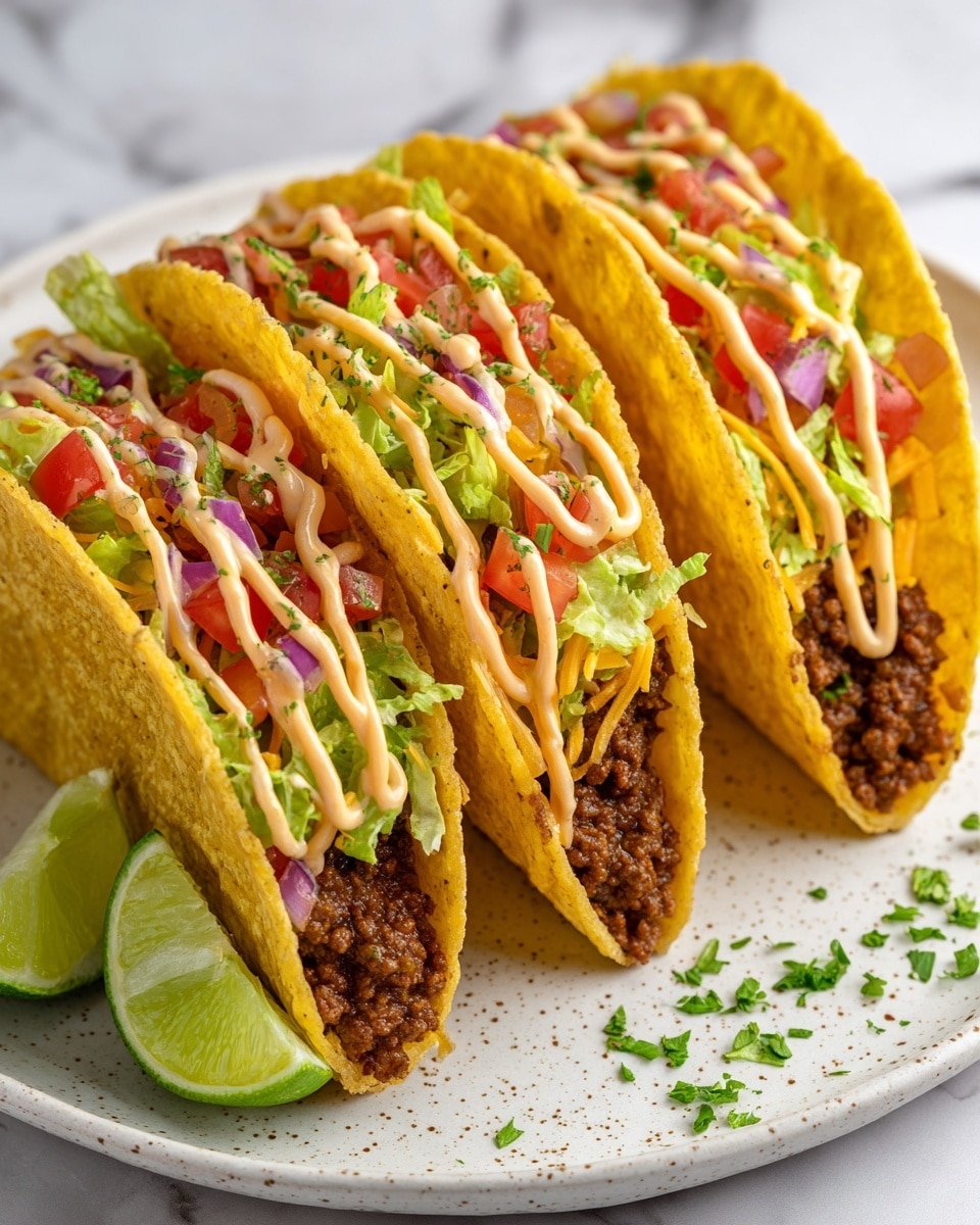 Three hard shell tacos sit closely side by side on a white speckled plate placed on a white marbled surface. Each taco has three main layers visible: a bottom layer of dark brown, cooked ground beef with a slightly crumbly texture, a middle layer of bright green shredded lettuce, and a top layer of red diced tomatoes mixed with small pieces of purple onion and sprinkled with finely chopped green herbs. Light orange sauce drizzles over the top giving a creamy look. Two lime wedges with bright green skin and pale green inside sit on the right side of the plate with some fresh herb leaves scattered around. The photo taken with an iphone --ar 4:5 --v 7