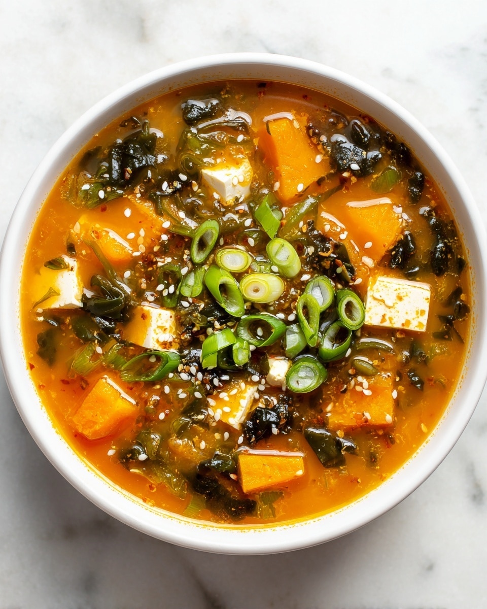 A round white bowl filled with a vibrant soup containing three main layers of ingredients: large orange chunks of pumpkin, white cubes of tofu, and dark green pieces of seaweed, all floating in a light yellow broth. The soup is topped with sliced bright green scallions and sprinkled with small white sesame seeds, creating a mix of colors and textures on the surface. The bowl sits on a white marbled texture, adding a clean and elegant background. Photo taken with an iphone --ar 4:5 --v 7