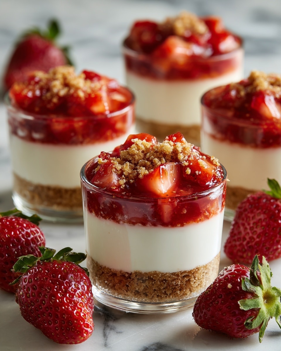 The image shows multiple clear round glass cups filled with a three-layer dessert. The bottom layer is a crumbly, light brown crust. The middle layer is thick and creamy white. The top layer is a bright red strawberry sauce with pieces of strawberries and sprinkled with small bits of crumbs. Around the cups, there are a few whole fresh strawberries with green leaves on a white marbled surface. The scene is bright and close-up, showing the details of the dessert’s layers and texture. photo taken with an iphone --ar 4:5 --v 7
