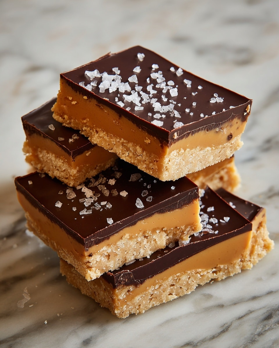 The image shows broken pieces of a layered candy. Each piece has three layers: a bottom layer of crumbly light tan that looks like shortbread, a middle creamy light orange layer that appears smooth and rich, and a top shiny dark brown layer of chocolate with a slightly wavy texture. Small flakes of white sea salt are scattered over the chocolate. The candy pieces are placed close together on a white marbled surface. Photo taken with an iphone --ar 4:5 --v 7