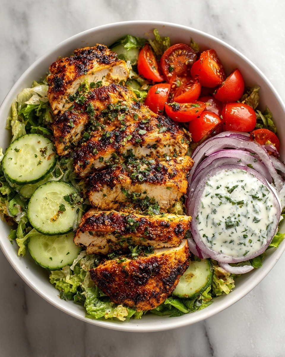 A white bowl holds a fresh salad with three main layers. The bottom layer is green leafy lettuce, spread evenly. On top of the lettuce, there are sliced cucumber pieces in the front, bright red halved cherry tomatoes scattered around, and thin rings of purple onion arranged towards the back right. The main focus is the center layer of golden grilled chicken breast, cut into several slices with char marks and sprinkled with chopped green herbs. To the right side of the bowl, there is a creamy white sauce with specks of green herbs. The bowl sits on a white marbled surface. photo taken with an iphone --ar 4:5 --v 7