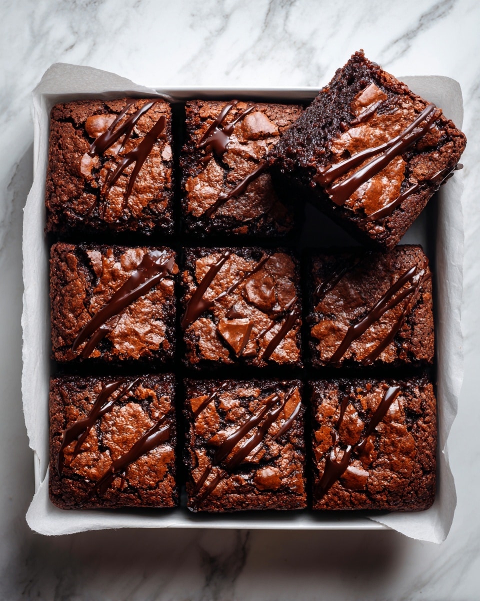 A square white baking pan lined with parchment paper holds nine thick, square-shaped chocolate brownies arranged in a 3x3 grid. Each brownie has a dark brown, crumbly top layer with chunky textured pieces scattered over it. Light brown drizzle is spread diagonally over the surface of each brownie, adding contrast. One brownie is lifted slightly above the others, showing a dense, moist inside filled with melted chocolate chunks. The background is a white marbled texture. Photo taken with an iphone --ar 4:5 --v 7