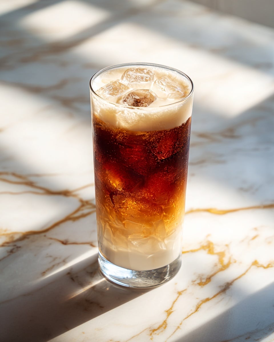A tall clear glass filled with a layered drink, starting with a dark amber bubbly liquid at the bottom filled with light brown ice cubes, topped by a thick creamy pale layer with a smooth texture, and a few ice cubes partly submerged in the creamy top layer; the glass is placed on a white marbled surface with gold veins visible in the background, with bright natural light casting soft shadows. Photo taken with an iphone --ar 4:5 --v 7