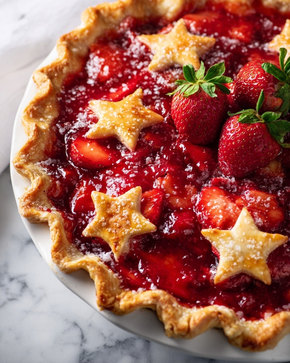 A close-up view of a strawberry pie in a white round dish, showing the top layer with golden-brown star-shaped and wavy rectangular crust pieces scattered over a bright red, juicy strawberry filling with syrupy texture. In the lower right area, there are three halved fresh strawberries with green leaves still attached resting on top of the filling. The crust has a sugar crystal sprinkle that adds sparkle, and the edges of the dish have some red juice stains. The background is a white marbled surface. photo taken with an iphone --ar 4:5 --v 7