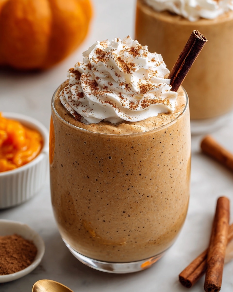A clear glass filled with a thick, light brown smoothie that has a textured, creamy surface. On top of the smoothie is a generous swirl of white whipped cream sprinkled with a dusting of cinnamon powder. A single dark brown cinnamon stick is placed upright in the whipped cream near the edge of the glass. In the background, another similar glass with the same layers is visible, along with orange pumpkins slightly out of focus, all set on a white marbled surface. Photo taken with an iphone --ar 4:5 --v 7
