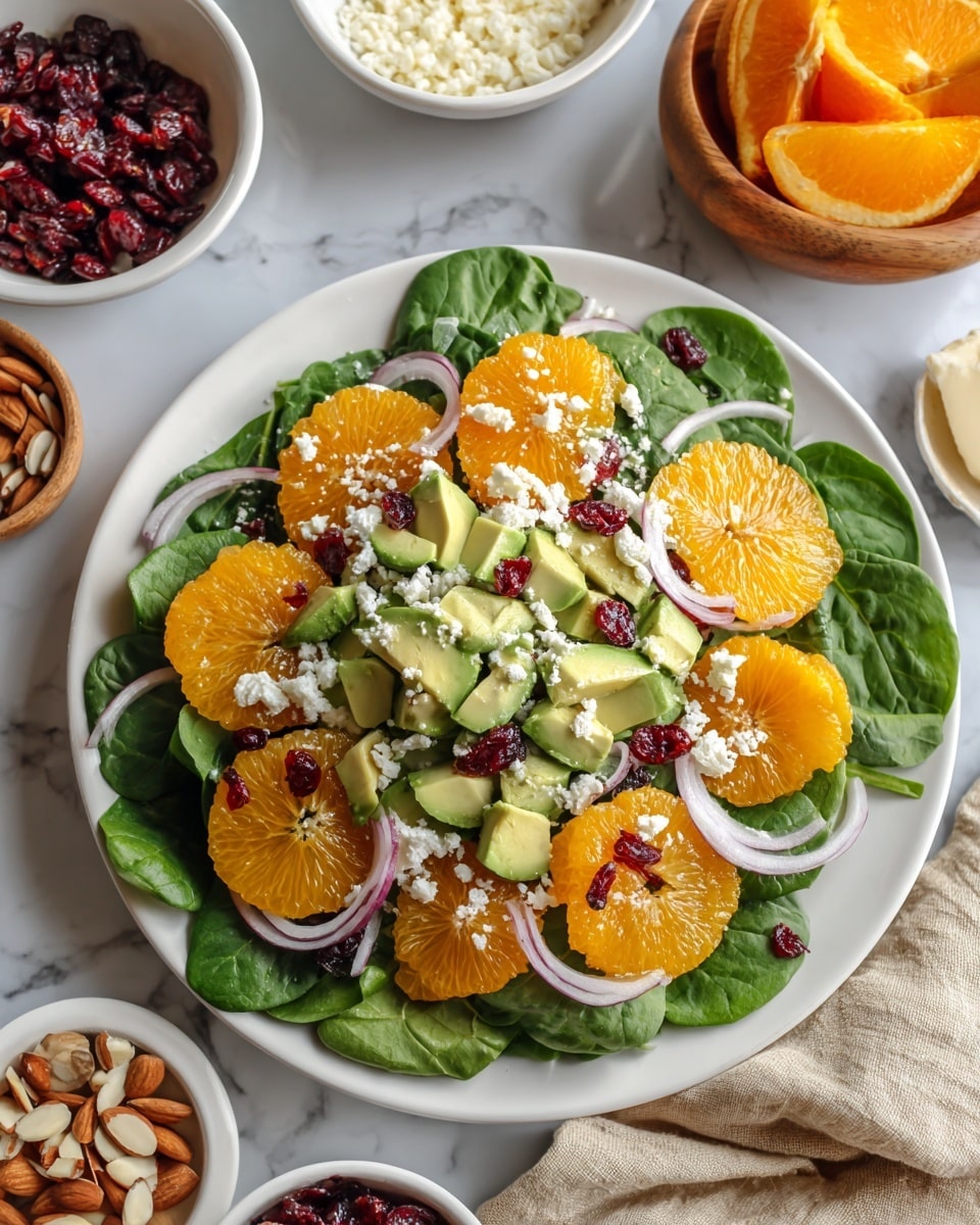 A fresh salad is shown on a white plate with a decorative rim, placed on a white marbled surface. The salad has a green base of spinach leaves, topped with bright orange slices arranged around the edges. Scattered diced avocado pieces add a light green color, mixed with thin purple onion slices placed mostly on top. Lightly toasted almond slices are sprinkled all over, along with small chunks of white cheese and dark red dried cranberries. Around the plate, small white bowls hold extra cheese, almond slices, red onion slices, and dried cranberries, with some orange peel pieces on the surface near the plate. photo taken with an iphone --ar 4:5 --v 7