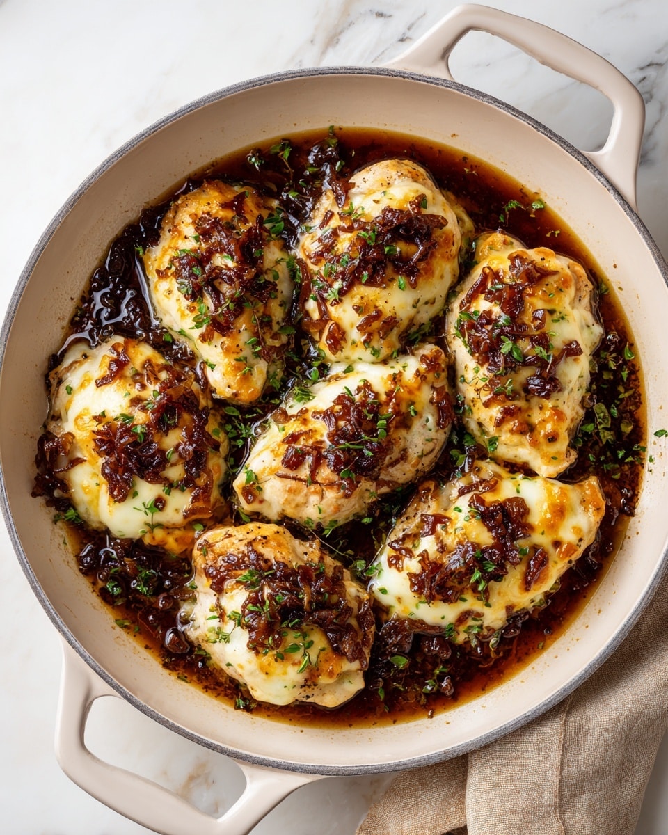 A white pan with six pieces of cooked chicken breast covered with a golden melted cheese layer on top, each piece topped with dark brown caramelized onions scattered unevenly. The chicken rests in a rich, dark brown sauce that fills the bottom of the pan and has small bits of herbs sprinkled, adding a touch of green. The melty cheese shows some browned spots, and the sauce’s glossy texture contrasts with the soft chicken and onions, all set on a white marbled surface. photo taken with an iphone --ar 4:5 --v 7