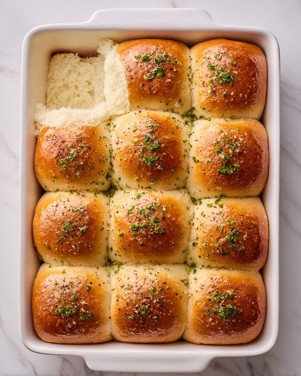 A white baking dish holds twelve soft dinner rolls arranged in a 3x4 grid. Each roll has a golden-brown top sprinkled with small bits of fresh green herbs and a shiny glaze, while the sides are light beige and fluffy. One roll near the top left corner is slightly pulled away, revealing a fluffy white interior. The background shows a white marbled surface, and a white cloth napkin is partially visible on the left side. photo taken with an iphone --ar 4:5 --v 7
