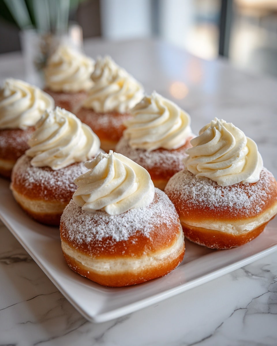 The image shows a white rectangular plate with nine round doughnuts arranged in three rows of three. Each doughnut has a golden-brown base with a dusting of white powdered sugar near the top. On the very top of each doughnut, there is a swirl of white cream, smooth and slightly glossy, forming a neat dollop. The background is softly lit with a white marbled texture surface. photo taken with an iphone --ar 4:5 --v 7